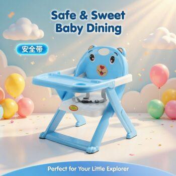 Blue baby high chair with safety harness, ideal for safe and comfortable baby dining