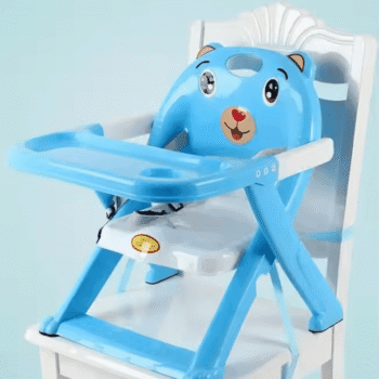 Blue baby high chair with safety harness, ideal for safe and comfortable baby dining