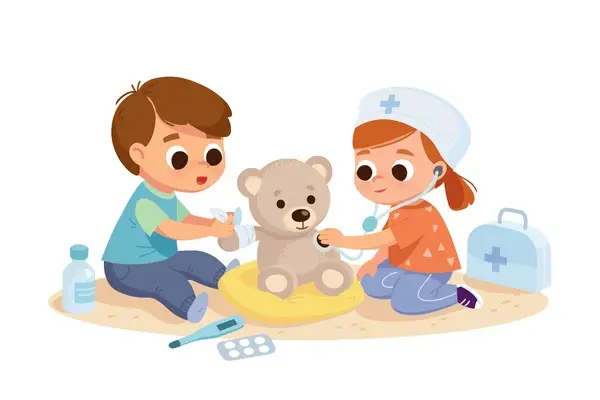 Children playing with a doctor role-play set, pretending to check each other's health in a playful classroom setting.